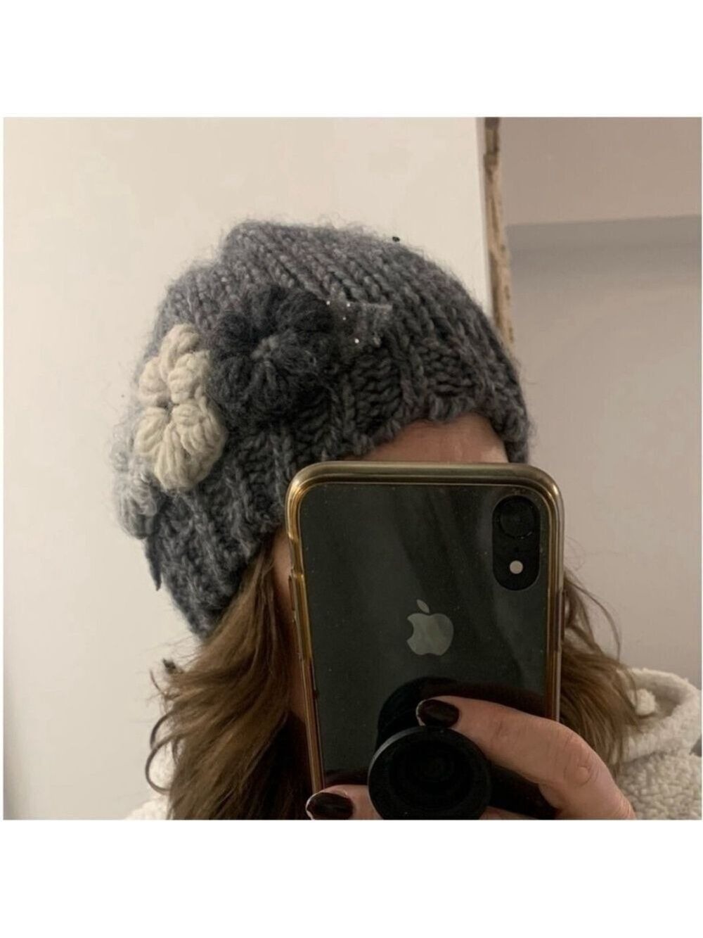 GELSO BIANCO wool alpaca blend beanie hat floral detail appliques grey OS